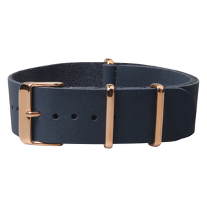 Navy Leather Nato Watch Straps with 304L SS Rose Gold PVD Polished Hardware From CONKLY