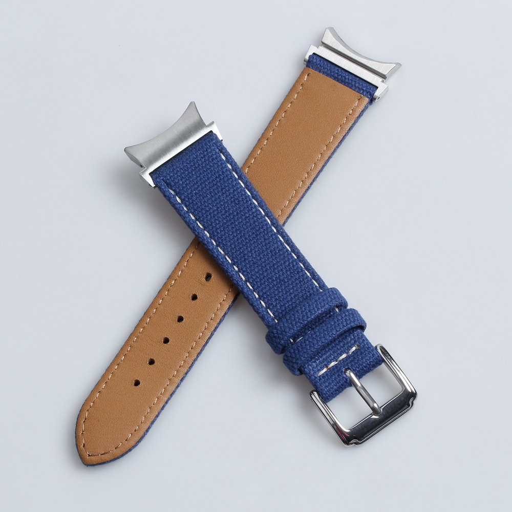 Custom Blue Samsung Galaxy Watch 4 Straps Apple Watch Bands Canvas And Leather Hybrid Watch Strap in 20mm 22mm for Smart Watches