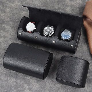 OEM Black Pebbled Genuine Leather Watch Roll with Slide-In Slot Cushions