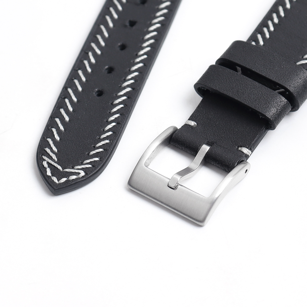 Minimalist Artisan Leather Watch Strap with Hand-Stitched Edging | Vintage Black Genuine Leather Band for Men & Women