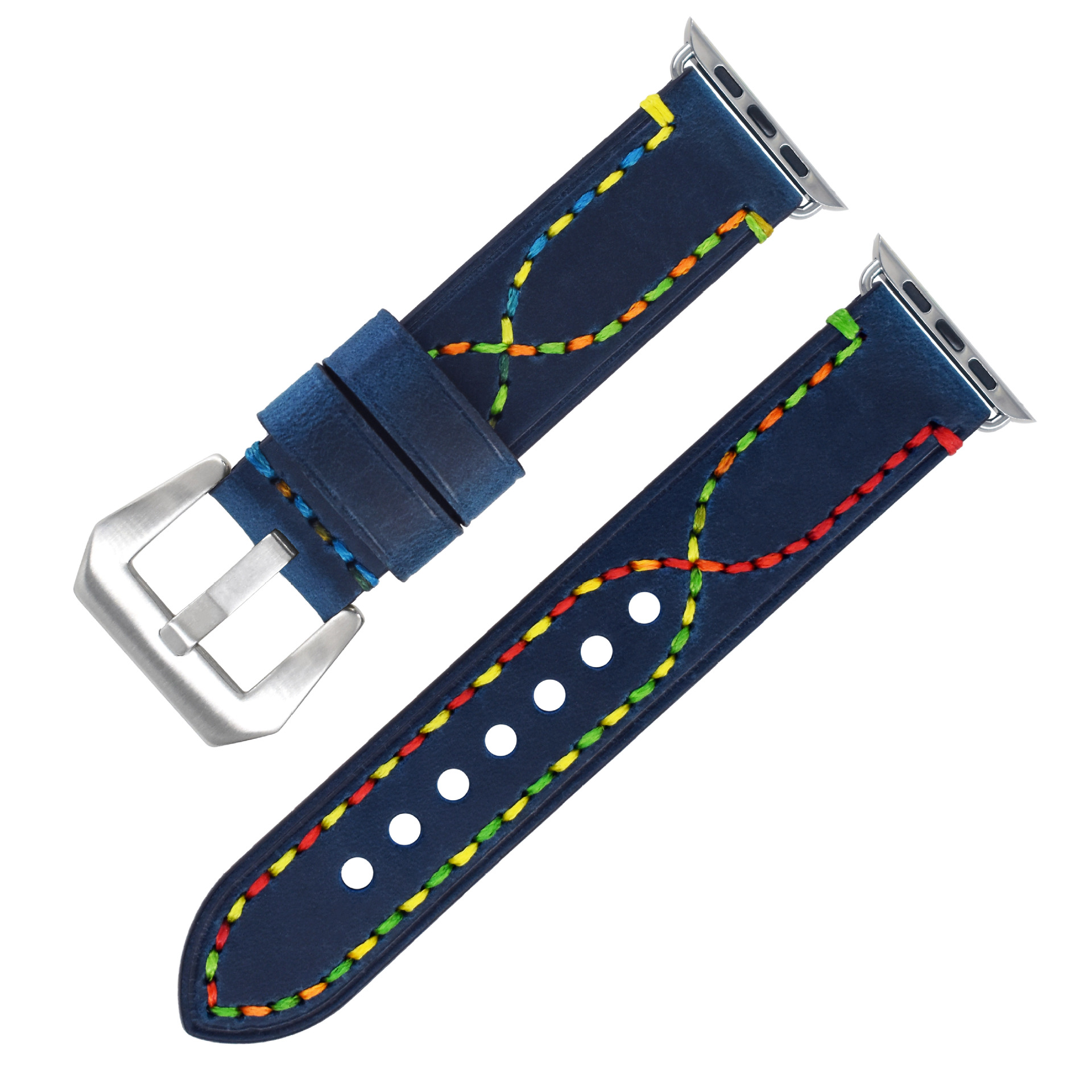 CONKLY Rainbow Cross-Stitched Matte Leather Apple Watch Band Heavy Duty Pre-V Pin Buckle Custom OEM