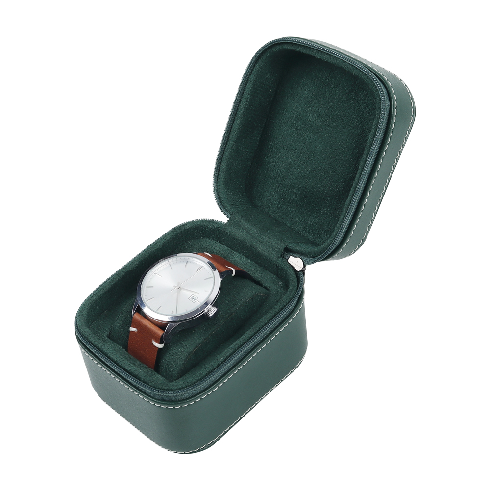 OEM Green Leather Single Slot Watch Box Anti-Scratch Zippered Travel Case