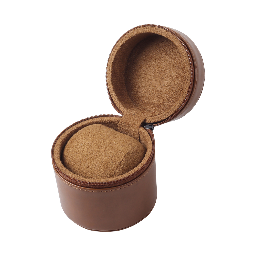 OEM Round Leather Single Watch Pouch Cylinder Case with Plush Pillow