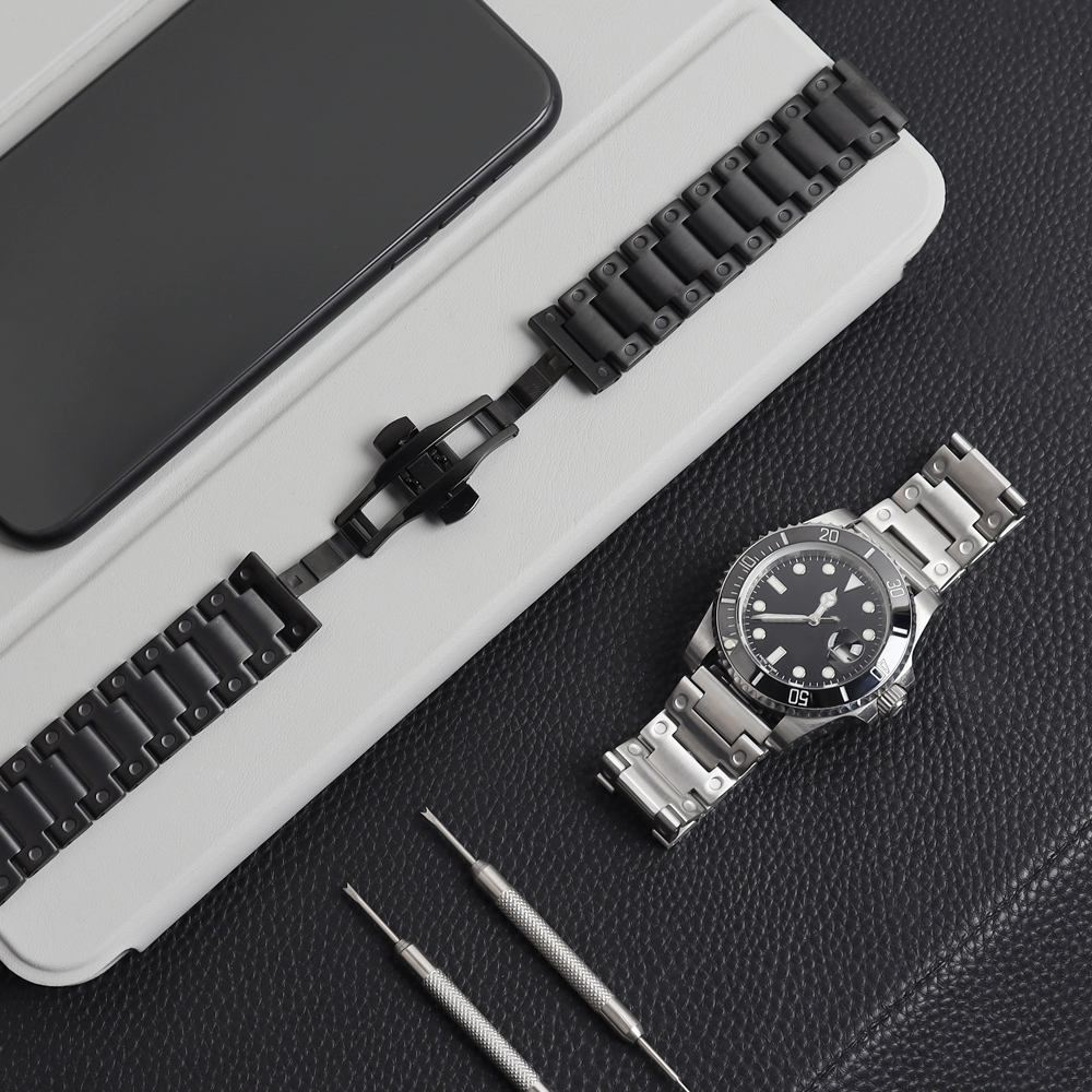 OEM Wholesale Universal 3-Link Flat End Metal Watch Strap with Push-Button Butterfly Clasp