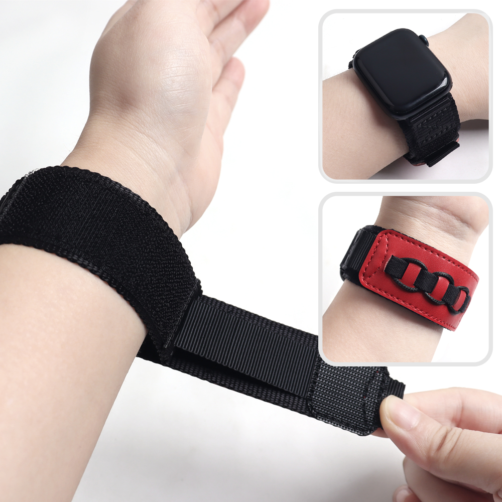 Tactical Nylon Hook And Loop Apple Watch Band with Leather Patch Accent