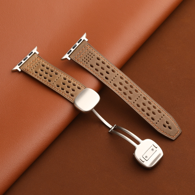 CONKLY Breathable Crazy Horse Leather Magnetic Foldover Clasp Apple Watch Strap Custom OEM