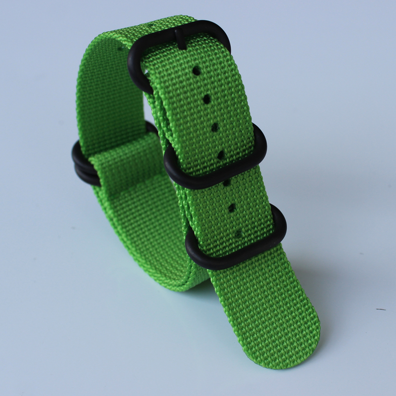 Green Color ZULU Watch Straps 5rings in 22mm with Black PVD Hardware