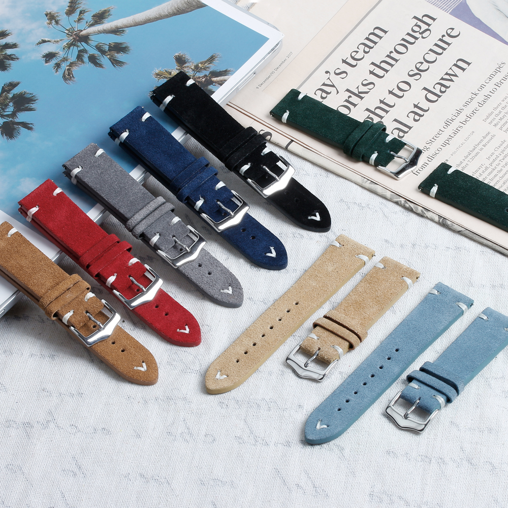 OEM Hot Sell Suede Leather Watch Straps with Kinds of Colors in 18mm 20mm 22mm Handmade Line for Many Watches Brands From China Watch Bands Factory