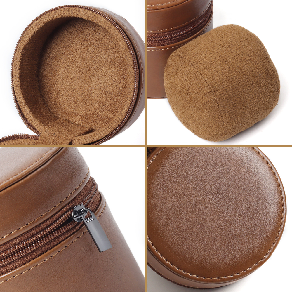 OEM Round Leather Single Watch Pouch Cylinder Case with Plush Pillow