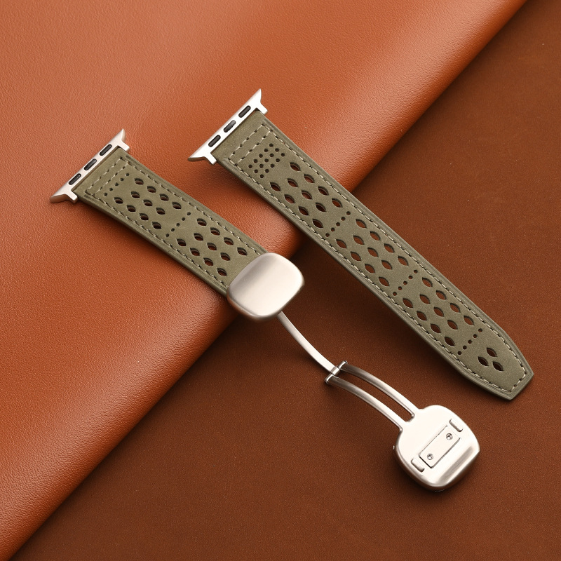 CONKLY Breathable Crazy Horse Leather Magnetic Foldover Clasp Apple Watch Strap Custom OEM