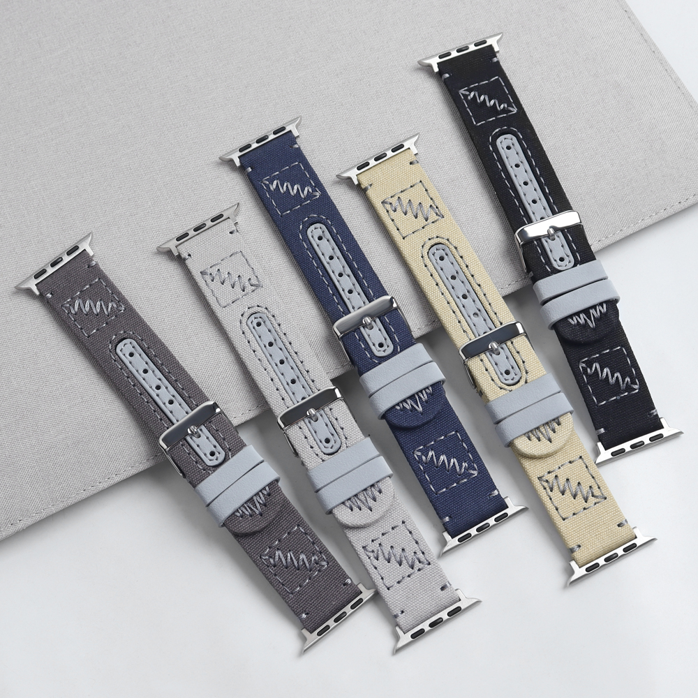 CONKLY Vintage Canvas Apple Watch Band 20mm 22mm 24mm Leather Hole Accent Custom Color Hardware OEM