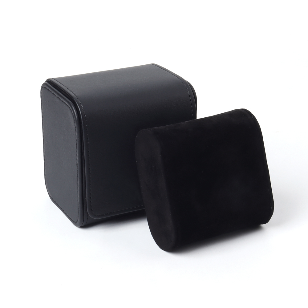 Wholesale OEM Black Leather Single Watch Travel Case with Dual Snap Fasteners