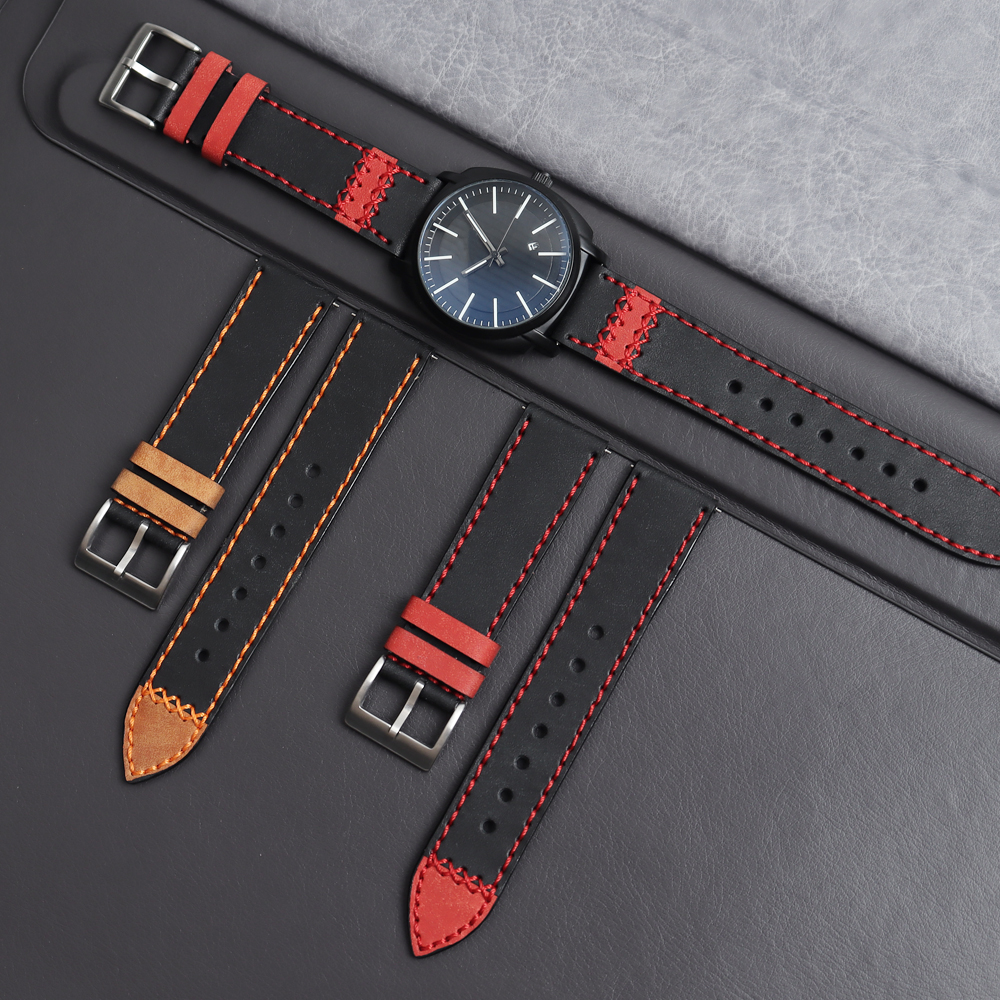 Premium Hand-Stitched Two-Tone Leather Watch Strap | Vintage Contrast Color Genuine Leather Band Wholesale
