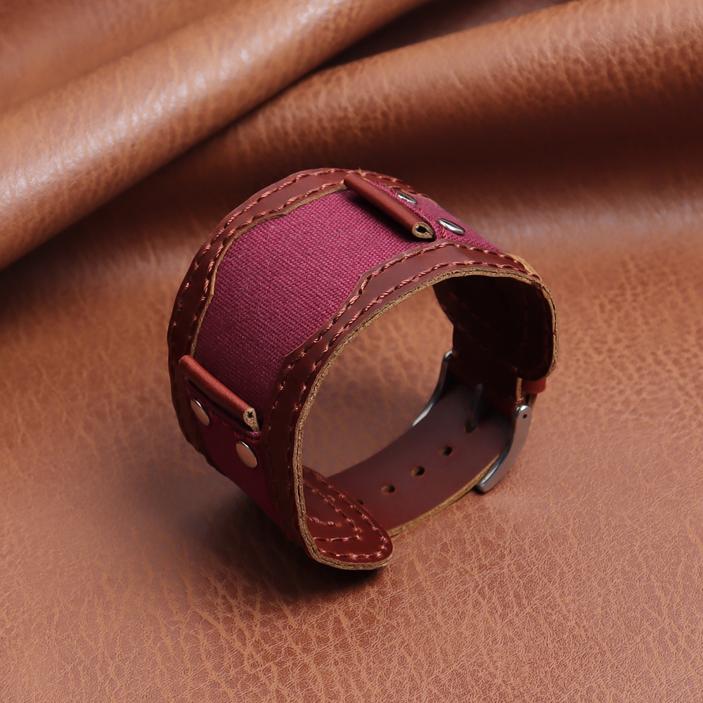 Custom Heavy-duty Canvas And Leather Bund Watch Strap Retro Rivet Padded Wide Cuff Watch Band for Men