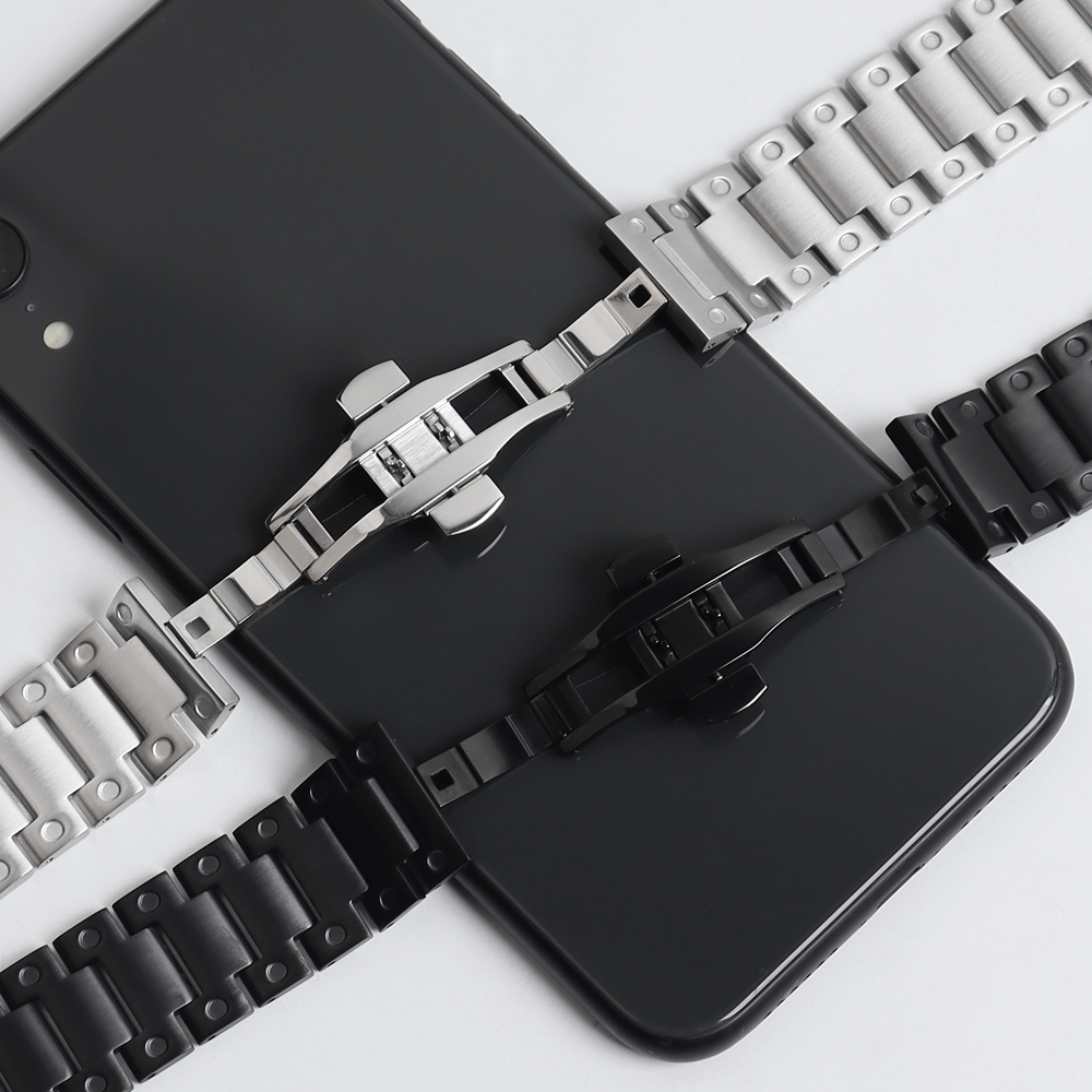 OEM Wholesale Universal 3-Link Flat End Metal Watch Strap with Push-Button Butterfly Clasp