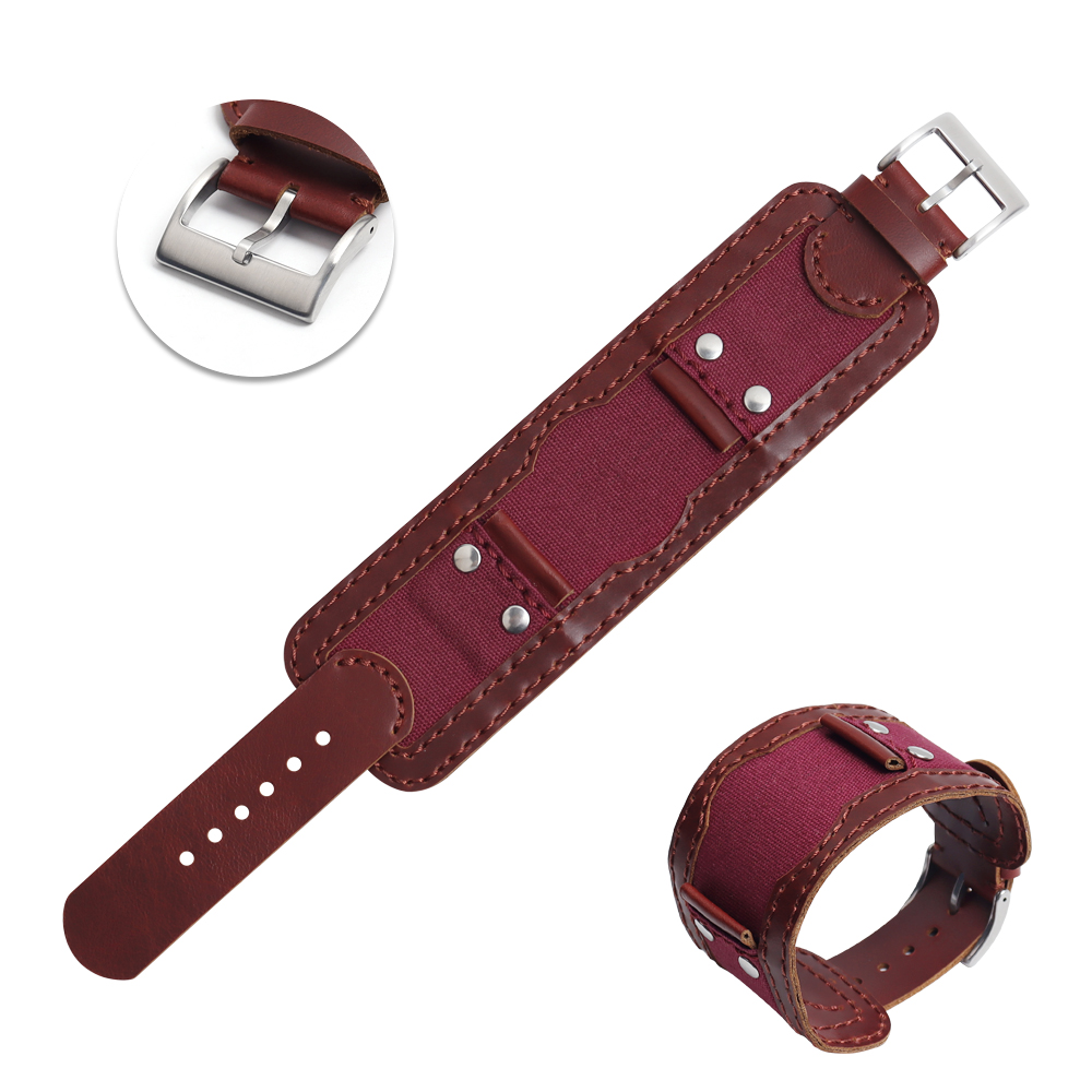 Custom Heavy-duty Canvas And Leather Bund Watch Strap Retro Rivet Padded Wide Cuff Watch Band for Men