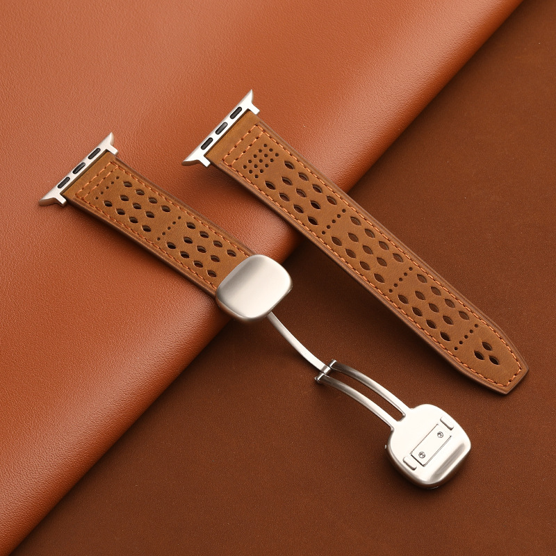 CONKLY Breathable Crazy Horse Leather Magnetic Foldover Clasp Apple Watch Strap Custom OEM