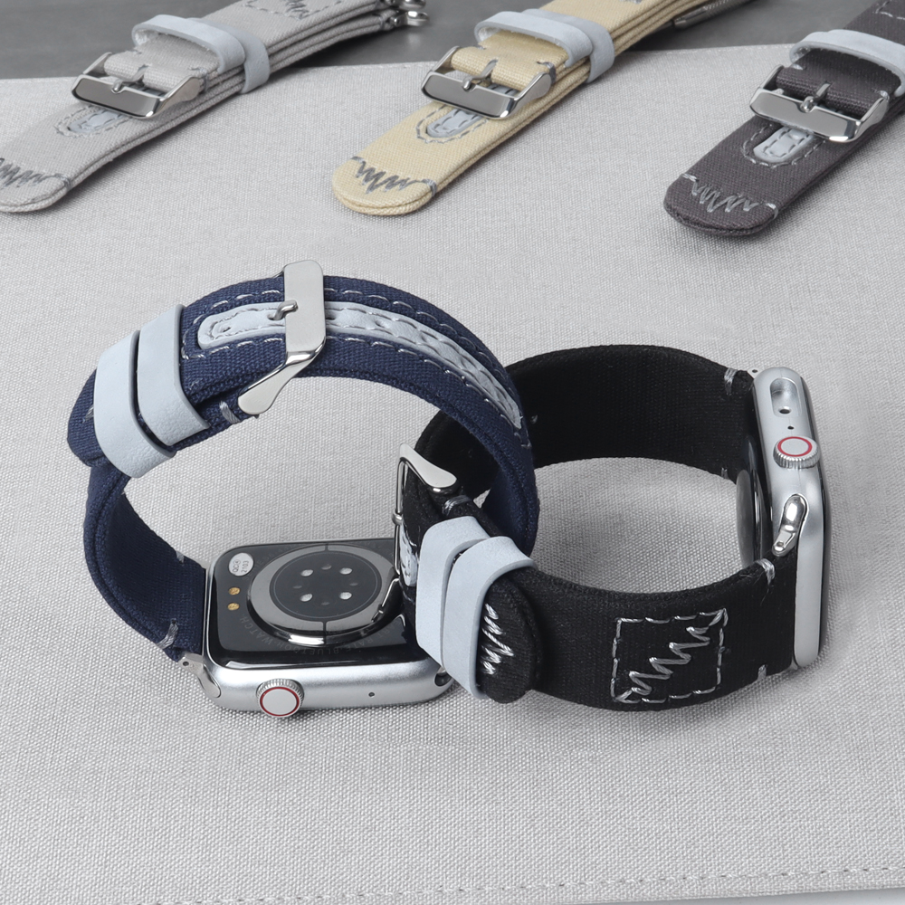 CONKLY Vintage Canvas Apple Watch Band 20mm 22mm 24mm Leather Hole Accent Custom Color Hardware OEM