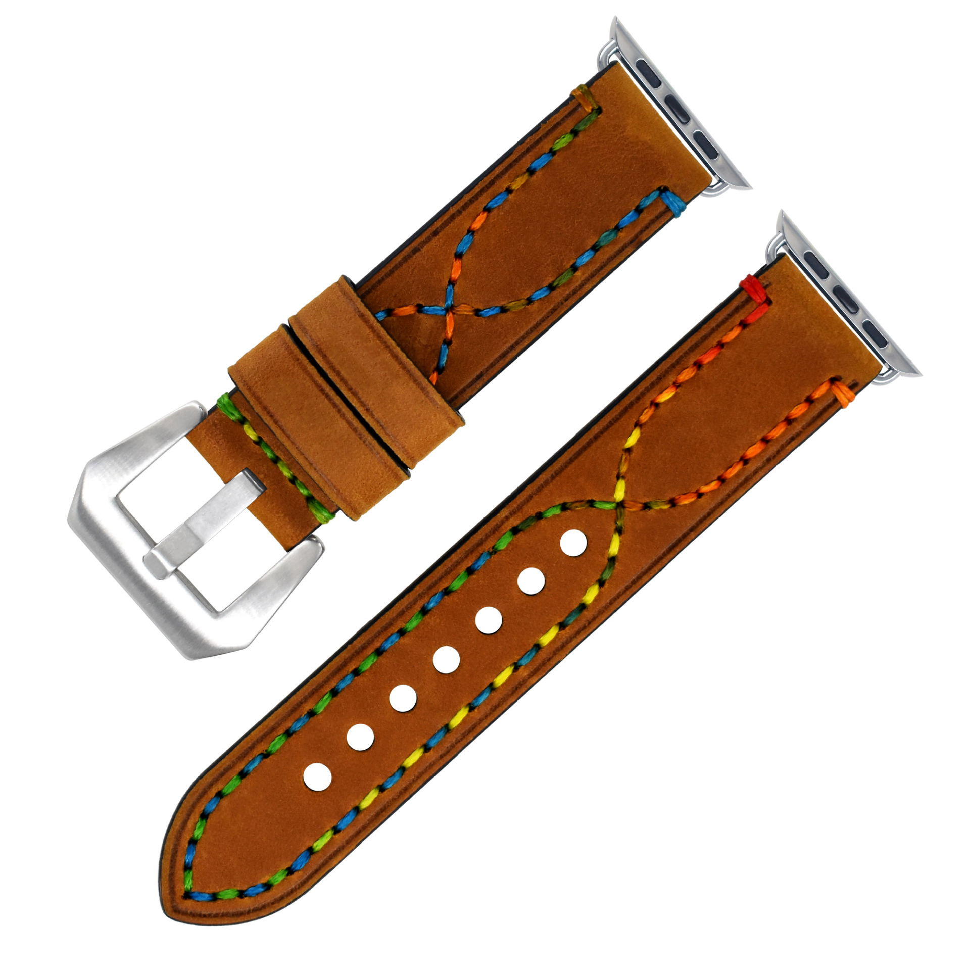 CONKLY Rainbow Cross-Stitched Matte Leather Apple Watch Band Heavy Duty Pre-V Pin Buckle Custom OEM