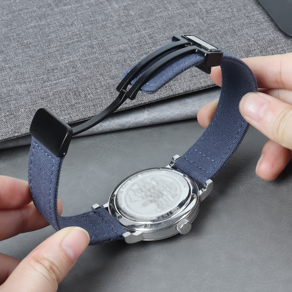 Snap Black Canvas Watch Bands with New Stitching in 22mm For Watch Company