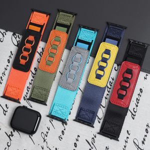 Tactical Nylon Hook And Loop Apple Watch Band with Leather Patch Accent