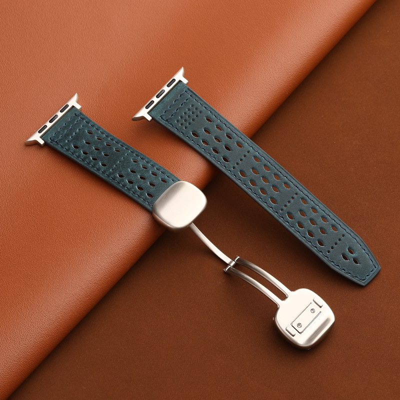 CONKLY Breathable Crazy Horse Leather Magnetic Foldover Clasp Apple Watch Strap Custom OEM