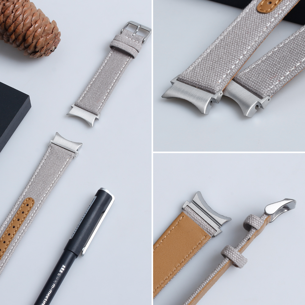 CONKLY Gray Samsung Galaxy 4 Watch Bands Apple Watch Straps Leather+Canvas Hybrid Watch Band in 20mm 22mm for Smart Watches