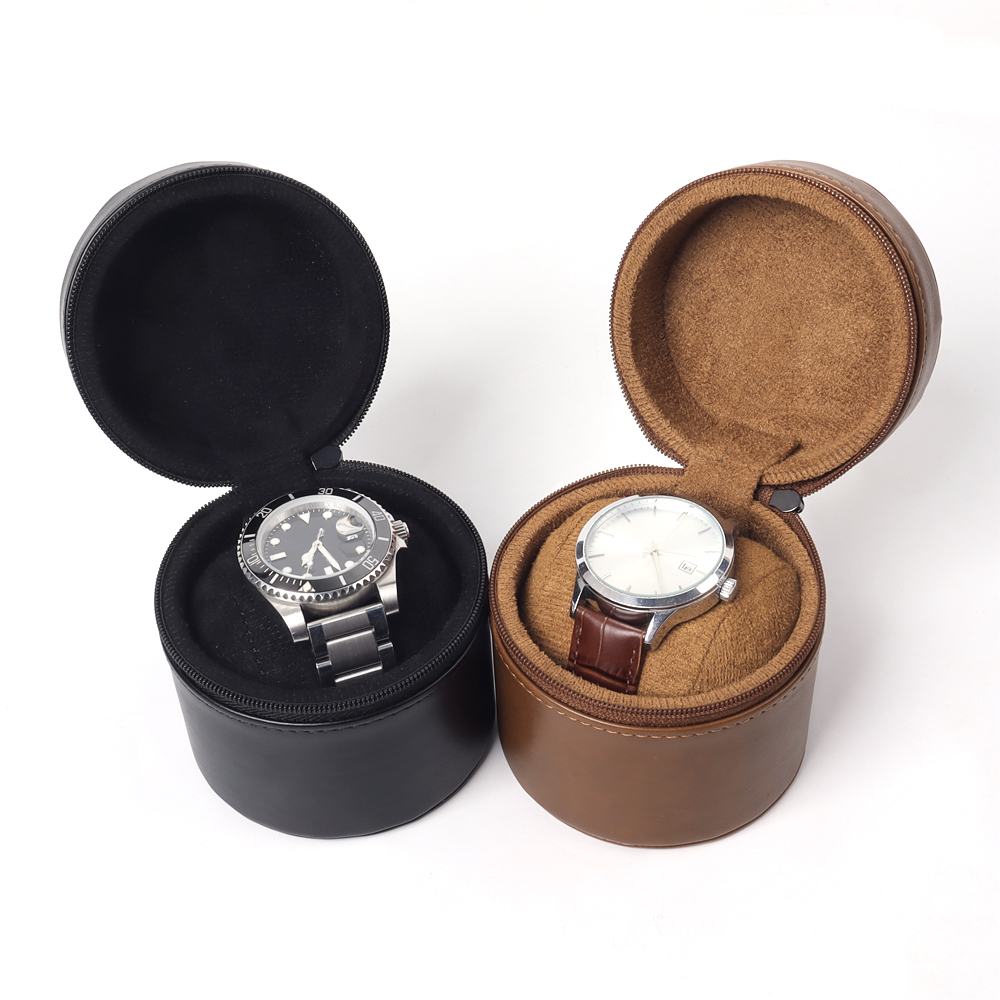 OEM Round Leather Single Watch Pouch Cylinder Case with Plush Pillow