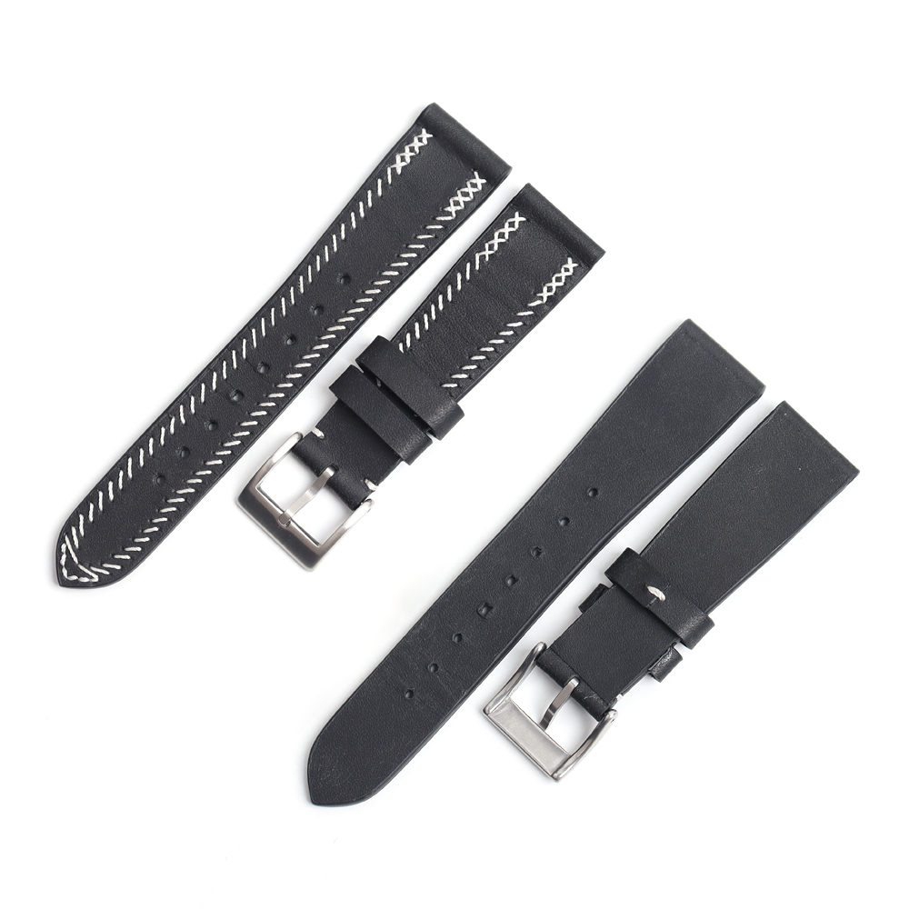 Minimalist Artisan Leather Watch Strap with Hand-Stitched Edging | Vintage Black Genuine Leather Band for Men & Women