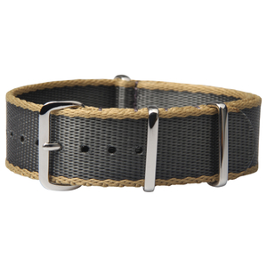 Khaki Dark Grey Seat Belt Stripe Nylon Watch Straps with Polished Nato Keeper 