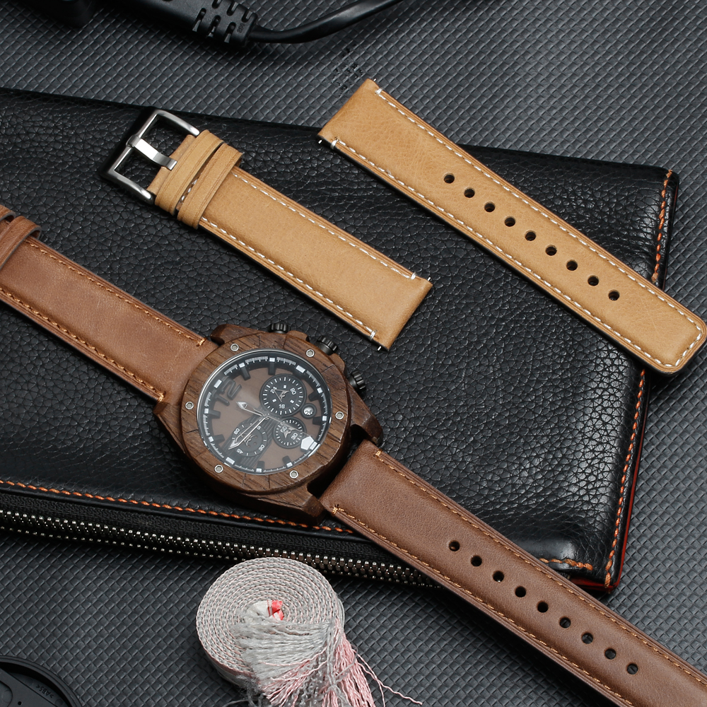CONKLY-Top Grain Brown Leather Watch Strap with Heavy Buckle in 20mm 22mm for Longines Seiko Citizen Watches Brands