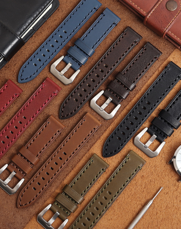 Premium handcrafted genuine leather watch straps, vintage Italian calfskin bands for luxury watches, custom leather strap manufacturing with multiple color options.
