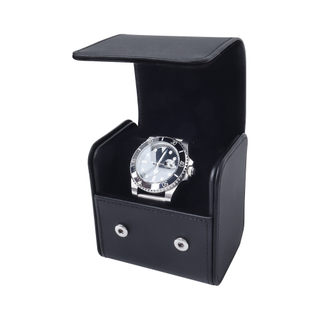 Wholesale OEM Black Leather Single Watch Travel Case with Dual Snap Fasteners