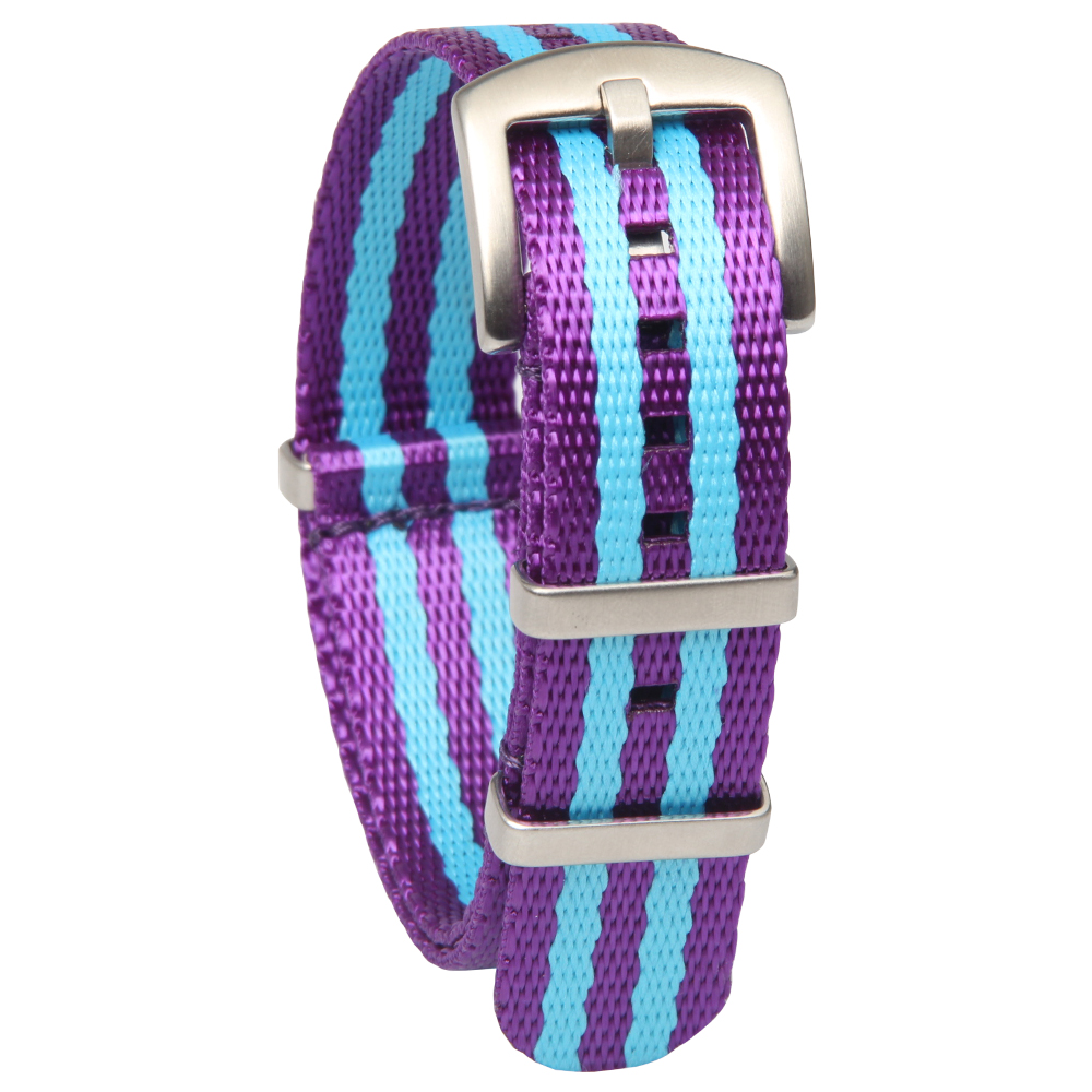 Purple And Blue Seat Belt Nato Watch Strap with Brushed Hardware Square Keeper in 22mm From CONKLY Factory